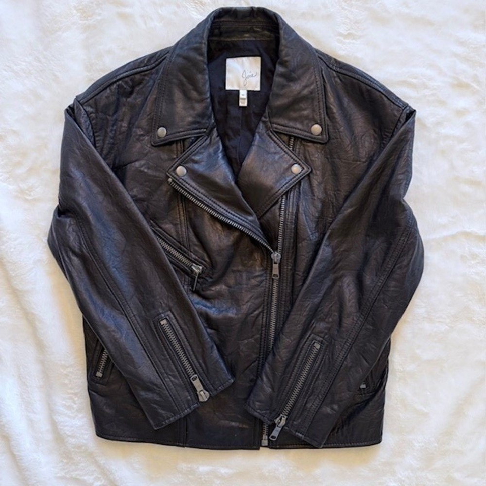 Joie Viva La Femme Black Lamb Leather Moto Jacket Floral Graphic  Size M - Picture 7 of 11